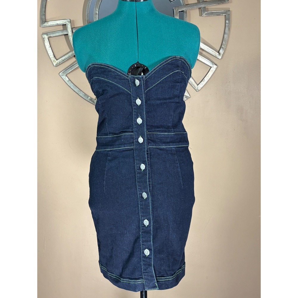 Reclaimed Vintage Dark Wash Denim Strapless Mini Dress Neon Stitching Sz 8